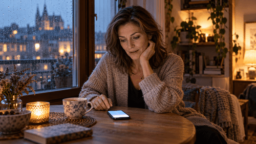 Žena sedí večer u okna a zamyšleně hledí na rozsvícený telefon na stole. Venku prší.